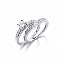 Silver CZ Solitaire Wedding Band Set