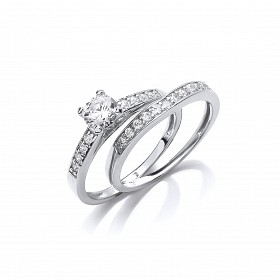 Silver CZ Solitaire Wedding Band Set