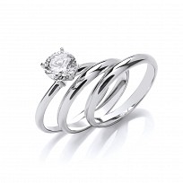 925 Sterling Silver CZ Solitaire Triple Wedding Band Set