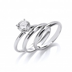 925 Sterling Silver CZ Solitaire Triple Wedding Band Set