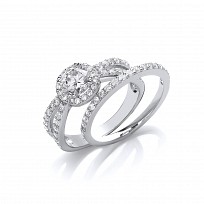 Silver CZ Solitaire Double Row Wedding Band Set