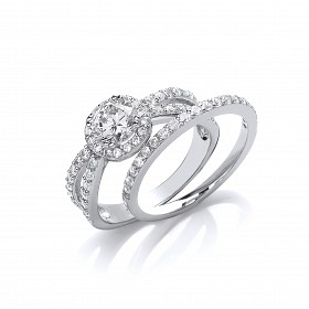 Silver CZ Solitaire Double Row Wedding Band Set
