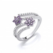 925 Sterling Silver CZ & Amethyst Double Flower Ring