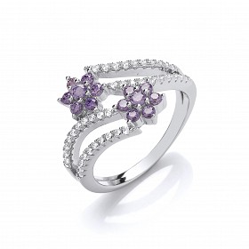 925 Sterling Silver CZ & Amethyst Double Flower Ring