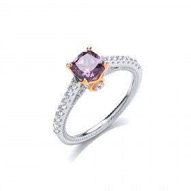 925 Sterling Silver & Rose Gold CZ & Amethyst Solitaire Ring