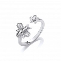 Silver CZ Bumble Bee & Flower Fancy Ring
