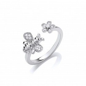 Silver CZ Bumble Bee & Flower Fancy Ring
