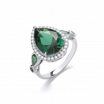 Silver CZ & Emerald Ladies Pear Drop Ring