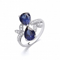 Silver CZ & Sapphire Double Teardrop Ring With Leaf Detail