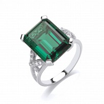 Silver CZ & Emerald Ladies Fancy Ring