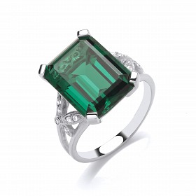 Silver CZ & Emerald Ladies Fancy Ring