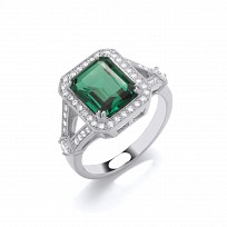 Silver CZ & Emerald Fancy Ladies Ring