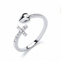 Silver CZ Cross & Heart Crossover Ring