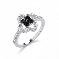 Silver CZ & Black CZ Flower Fancy Ring