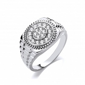 Silver CZ Gents Round Signet Ring With Watch Strap Design