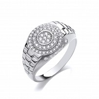 Silver CZ Gents Round Signet Ring With Watch Strap Design
