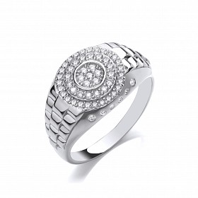 Silver CZ Gents Round Signet Ring With Watch Strap Design