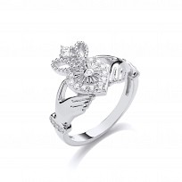 Silver CZ Claddagh Heart In Hands Crown Ring