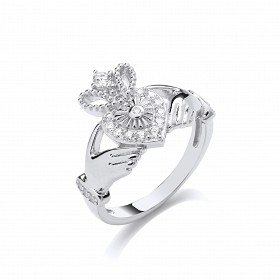 Silver CZ Claddagh Heart In Hands Crown Ring