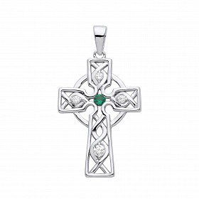 925 Sterling Silver CZ & Emerald Celtic Trinity Knot Cross Pendant