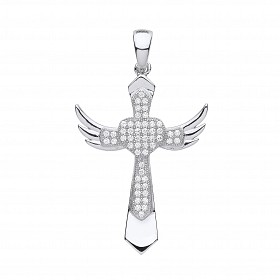 Silver CZ Heart Wing Cross Pendant