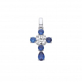 Silver CZ & Sapphire Fancy Cross Pendant