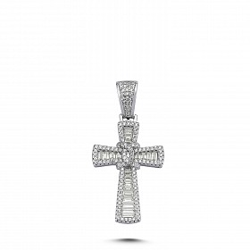 Silver CZ Fancy Baguette Cross Pendant