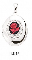 925 Sterling Silver Oval Locket With A Red & Black Rose Design