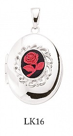 925 Sterling Silver Oval Locket With A Red & Black Rose Design