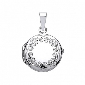 925 Sterling Silver Flower Engraved Round Locket